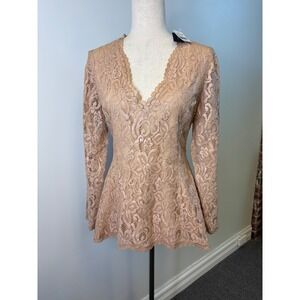New Josie Natori Lace Peplum Top V-Neck Long Sleeve Nude Beige Size Medium $695